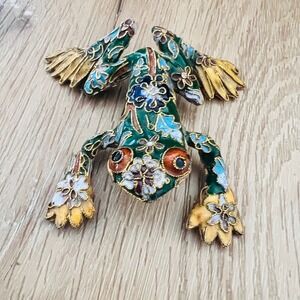 Vintage Cloisonne Enamel Frog Figurine Floral Green Gold Animal Decor